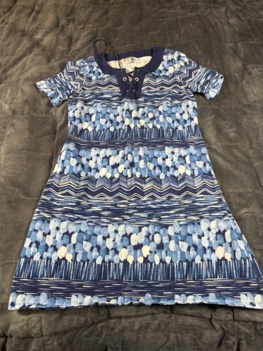 Tommy Bahama‎ Womens Blue Abstract Geometric Lace Up Short Sleeve Shift Dress S